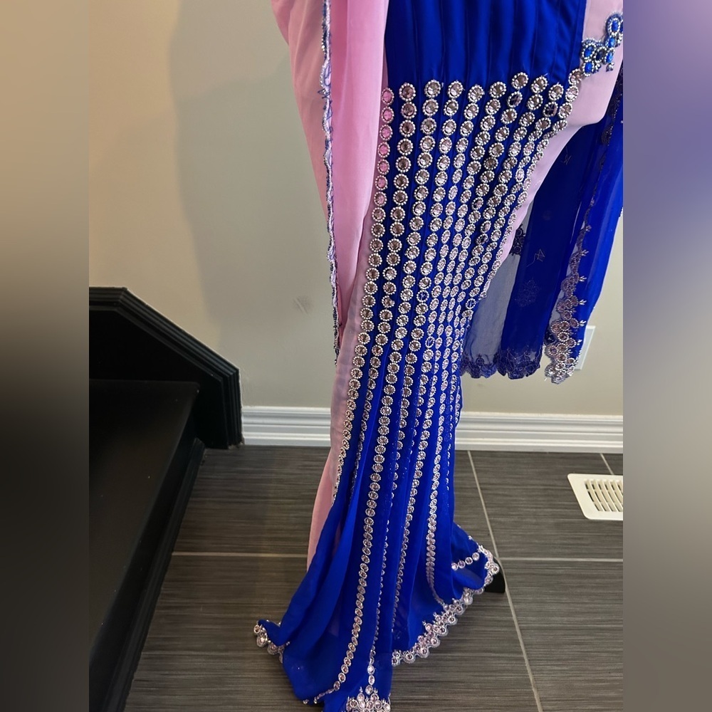Blue & Blush Pink Embellished Saree with Ready-Made Blouse - Picture 9 of 9